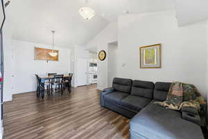 Living room with dark wood-type flooring and high vaulted ceiling
