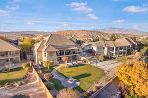 Aerial view of residential area with mountains