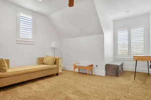 Living area with carpet floors, vaulted ceiling, and a textured ceiling