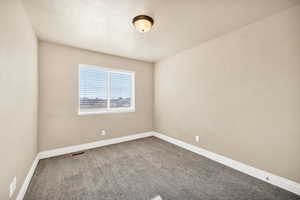 Empty room with carpet and a textured ceiling