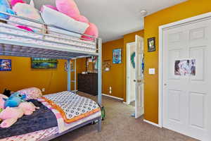 Carpeted bedroom with baseboards and a closet