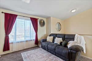 Living area featuring carpet flooring