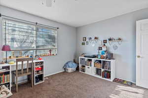 Game room with carpet flooring and ceiling fan