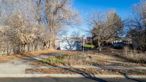 View of yard with driveway, a garage, and an outdoor structure