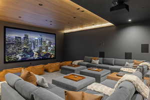 Home theater room with wood ceiling