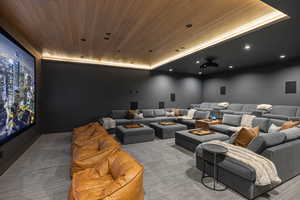 Home theater with wooden ceiling, carpet, recessed lighting, and a raised ceiling