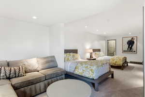 Carpeted bedroom with recessed lighting