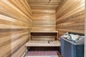 Sauna / steam room featuring wooden walls and wooden ceiling