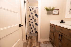Bathroom featuring vanity, a shower with shower curtain, and dark wood-style flooring