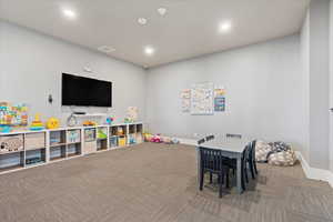 Rec room with carpet floors and recessed lighting