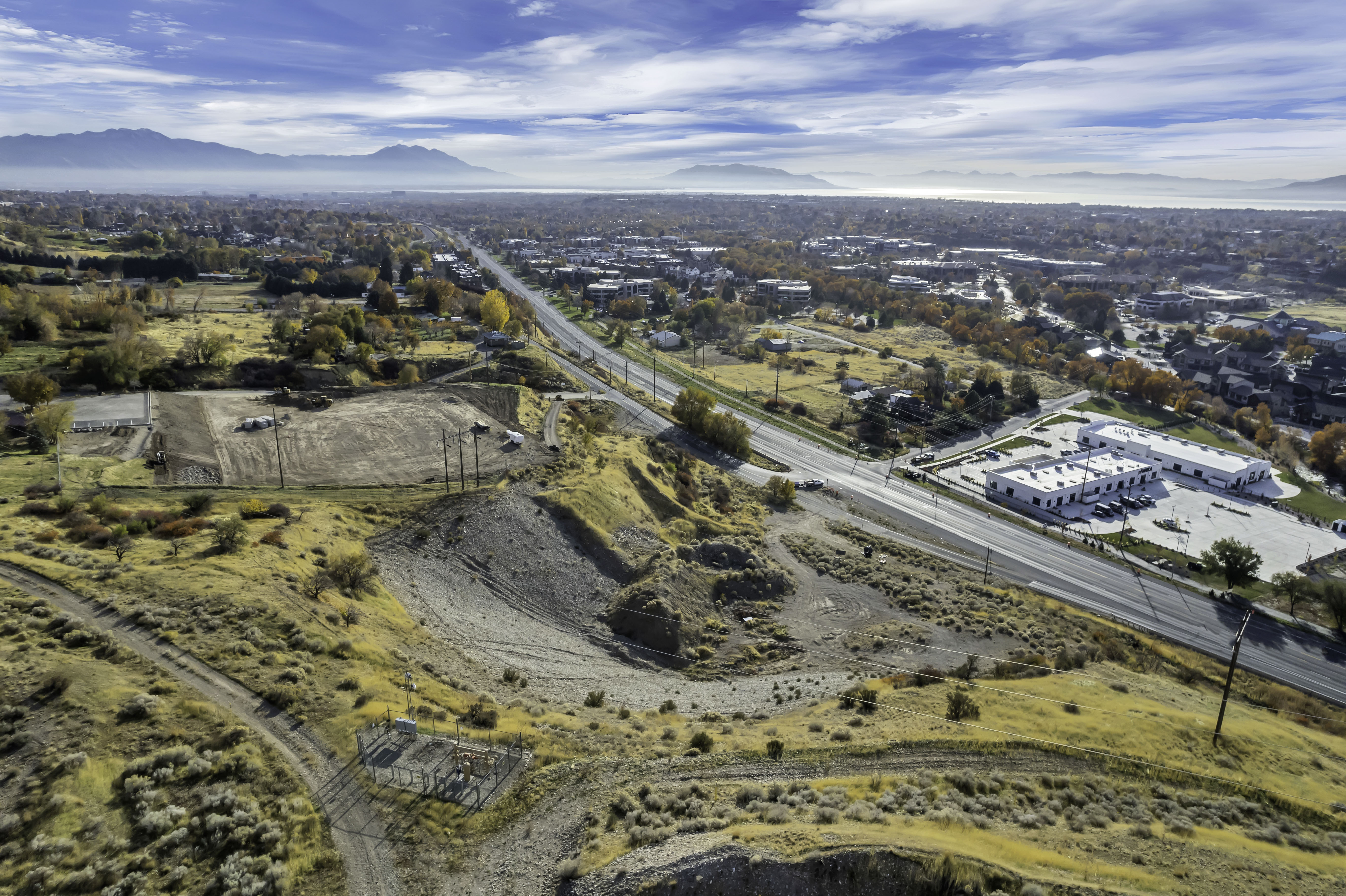 Drone / aerial view of a mountain backdrop