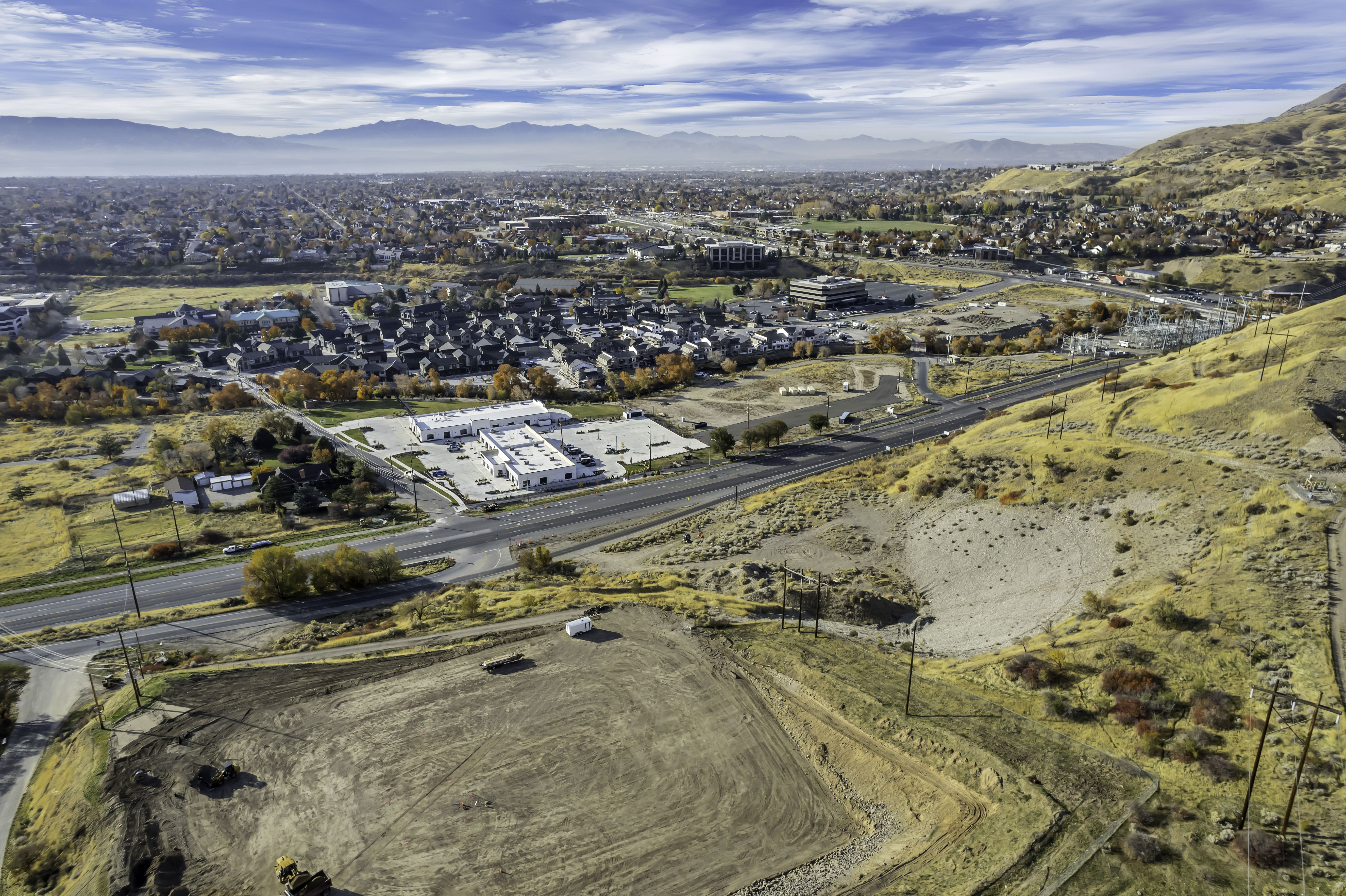 Drone / aerial view of a mountain backdrop