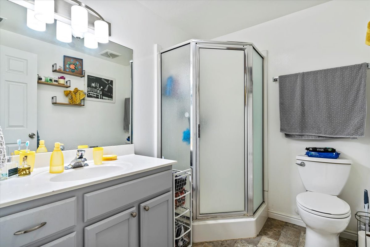 Full bath featuring vanity and a stall shower