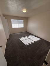 Spare room with dark carpet and a textured ceiling
