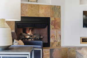 Detailed view of a lit fireplace