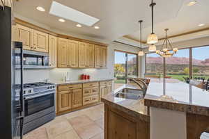 Kitchen featuring stainless steel appliances, a skylight, hanging light fixtures, a tray ceiling, and recessed lighting