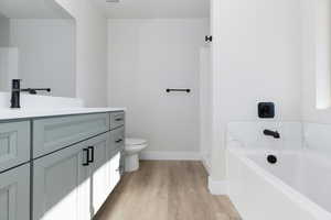 Bathroom featuring a garden tub, vanity, and light wood-type flooring