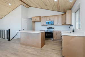 Kitchen with stainless steel appliances, light brown cabinets, a kitchen island, light wood-style flooring, and wood ceiling