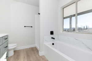 Bathroom with a garden tub, vanity, a stall shower, and light wood-style flooring