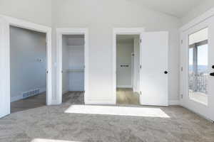 Unfurnished bedroom with light carpet, lofted ceiling, access to exterior, and a walk in closet