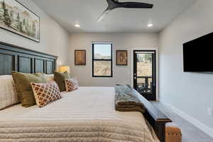 Bedroom with access to exterior, carpet, ceiling fan, and recessed lighting