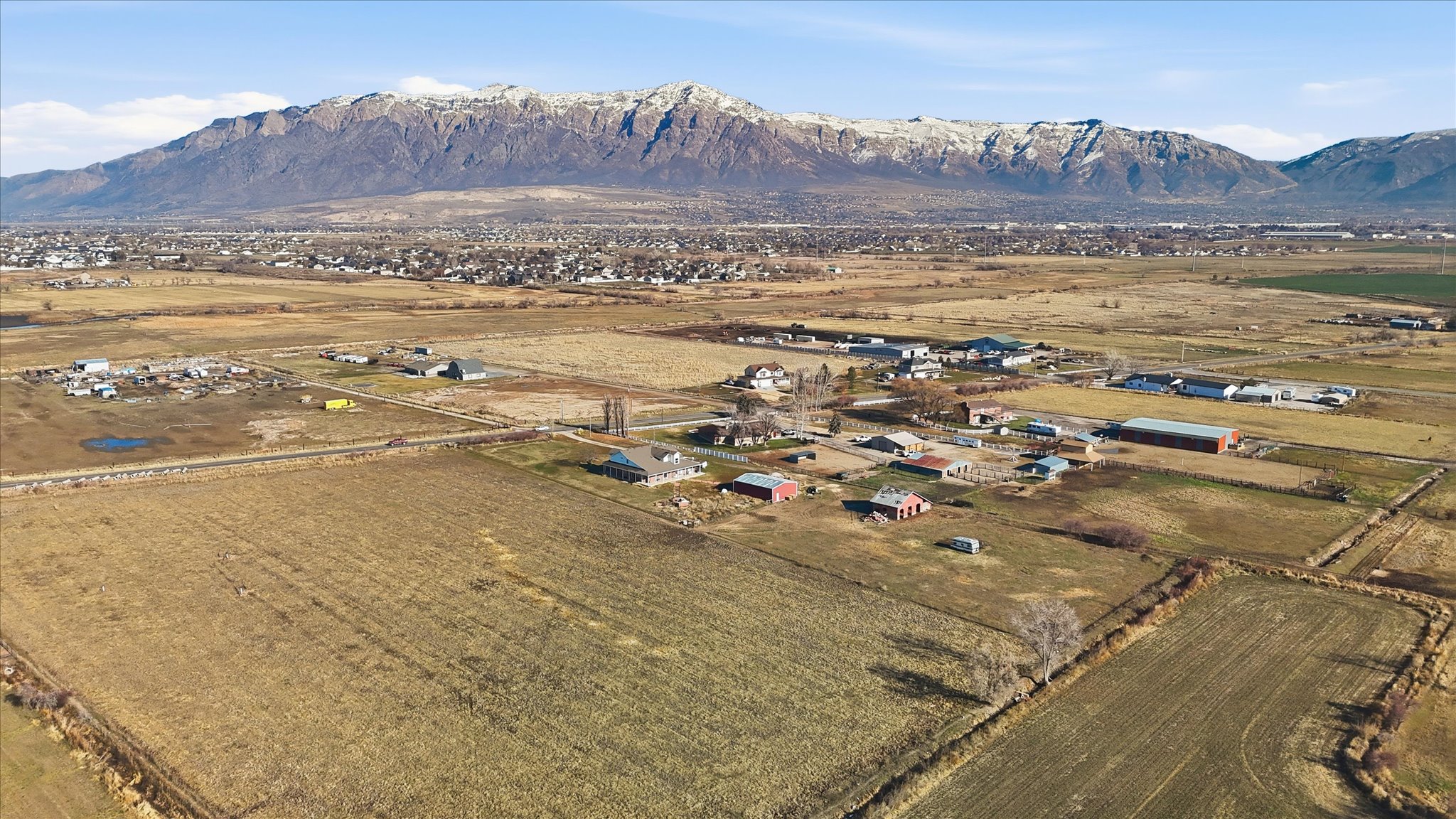 Overview of rural landscape featuring mountains