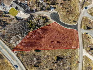 Aerial overview of property's location featuring property boundaries highlighted