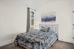 Bedroom featuring vaulted ceiling and carpet