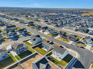 Aerial view of residential area with property parcel outlined