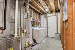 Unfinished below grade area with heating unit, washer and clothes dryer, water heater, and electric panel