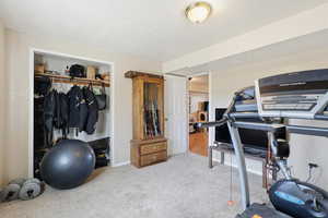 Workout room with light colored carpet and baseboards