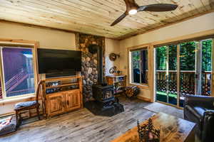 Living area featuring a wood stove, wooden ceiling, wood finished floors, and a ceiling fan