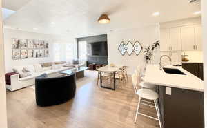 Living area featuring light wood-type flooring, a textured ceiling, and recessed lighting