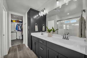 Bathroom featuring a walk in closet, a stall shower, double vanity, and light wood-type flooring