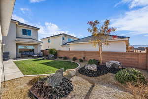 Fenced backyard with a patio area