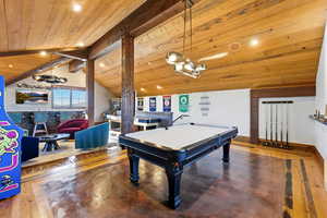 Recreation room with billiards table, wooden ceiling, recessed lighting, and concrete floors
