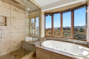 Bathroom with a tub with jets, a shower stall, and a mountain view