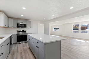 Kitchen featuring gray cabinetry, stainless steel appliances, a center island, recessed lighting, and light wood finished floors