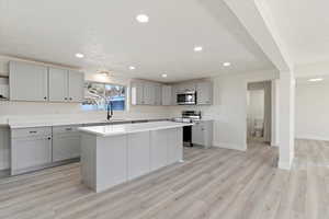 Kitchen with gray cabinets, a kitchen island, appliances with stainless steel finishes, recessed lighting, and light wood-style flooring