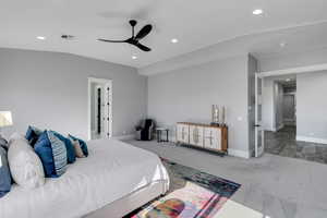 Bedroom with ceiling fan, recessed lighting, and carpet floors
