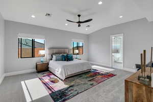 Bedroom with carpet flooring, a ceiling fan, recessed lighting, and vaulted ceiling