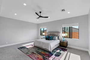 Bedroom featuring ceiling fan, carpet floors, and recessed lighting