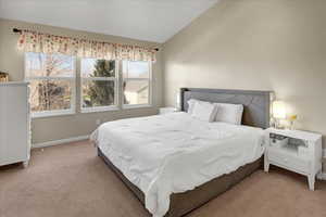 Bedroom featuring carpet and lofted ceiling