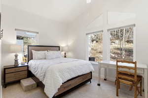 Bedroom featuring lofted ceiling and light colored carpet