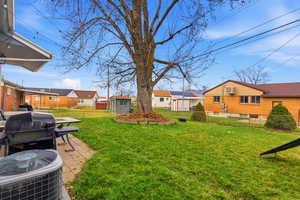 Fenced backyard featuring a patio and a residential view