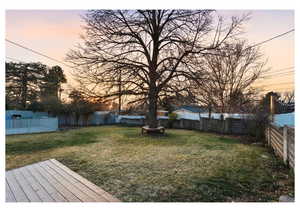 Yard at dusk featuring a fenced backyard and a deck