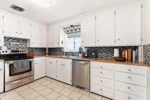 Kitchen featuring appliances with stainless steel finishes, white cabinets, backsplash, and light tile patterned floors