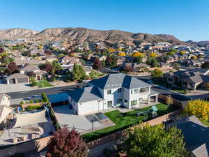 Aerial perspective of suburban area with mountains