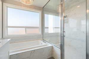 Full bath with a marble finish shower, a bath, and vanity