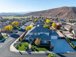 Aerial view of residential area with a mountain backdrop